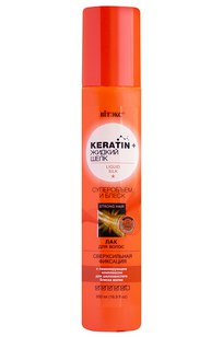 KERATIN&ЖИДКИЙ ШЕЛК Лак для волос СУПЕРОБЪЕМ и БЛЕСК Сверхсильной фиксации 215 мл